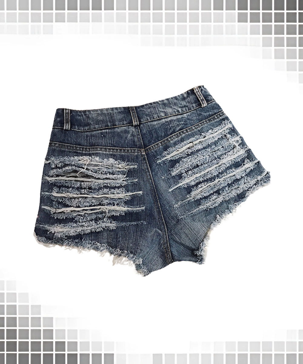 Short En Denim Déchiré À Taille Haute