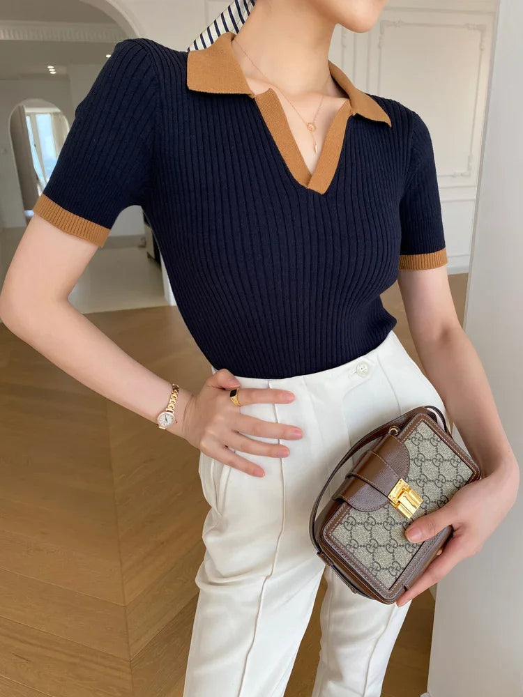 Polo En Maille Côtelée Pour Femmes