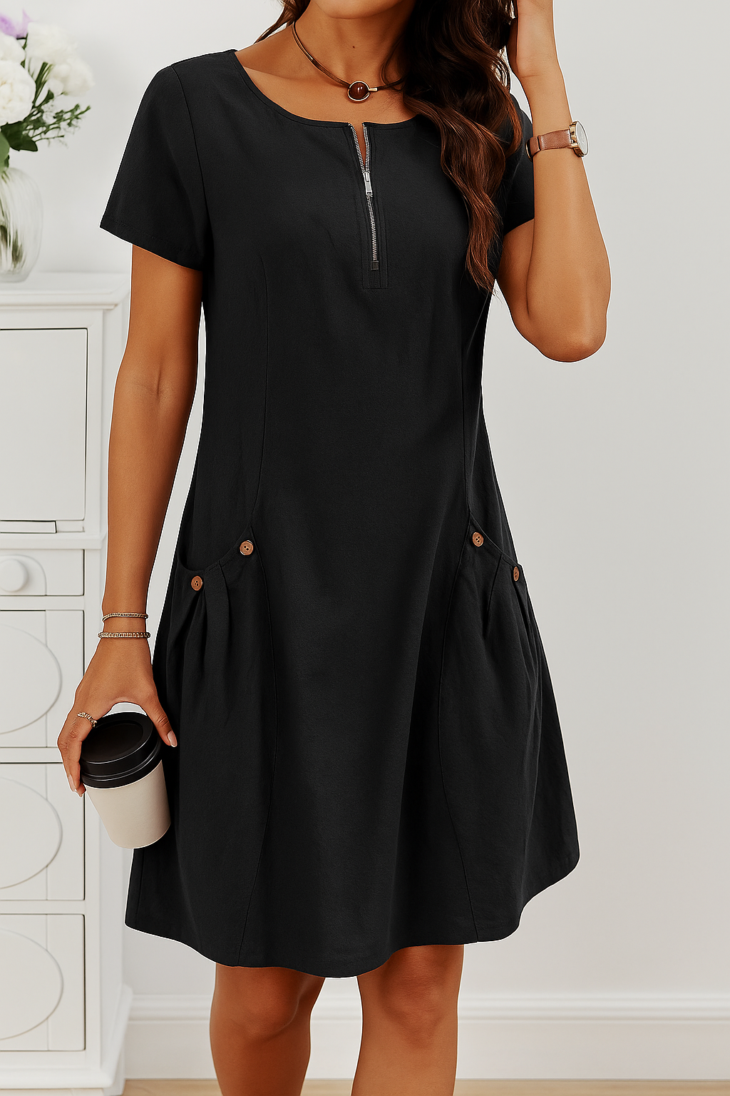 Robe En Coton Élégante À Manches Courtes Avec Poches