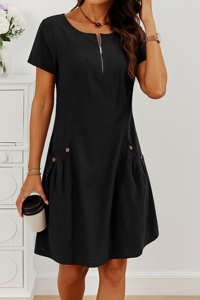 Robe En Coton Élégante À Manches Courtes Avec Poches
