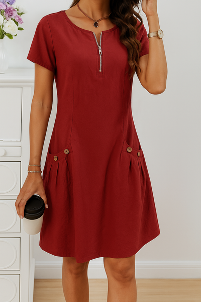 Robe En Coton Élégante À Manches Courtes Avec Poches