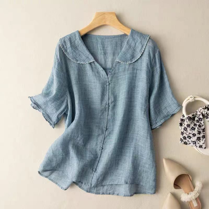 Chemise Été Bohème Lin Femme - Imprimé Floral, Ample Et Boutonnée, Col Rond Décontracté Grande Taille