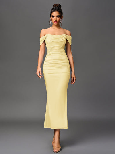 Robe À Épaules Dénudées, Froncée & Zippée Dans Le Dos