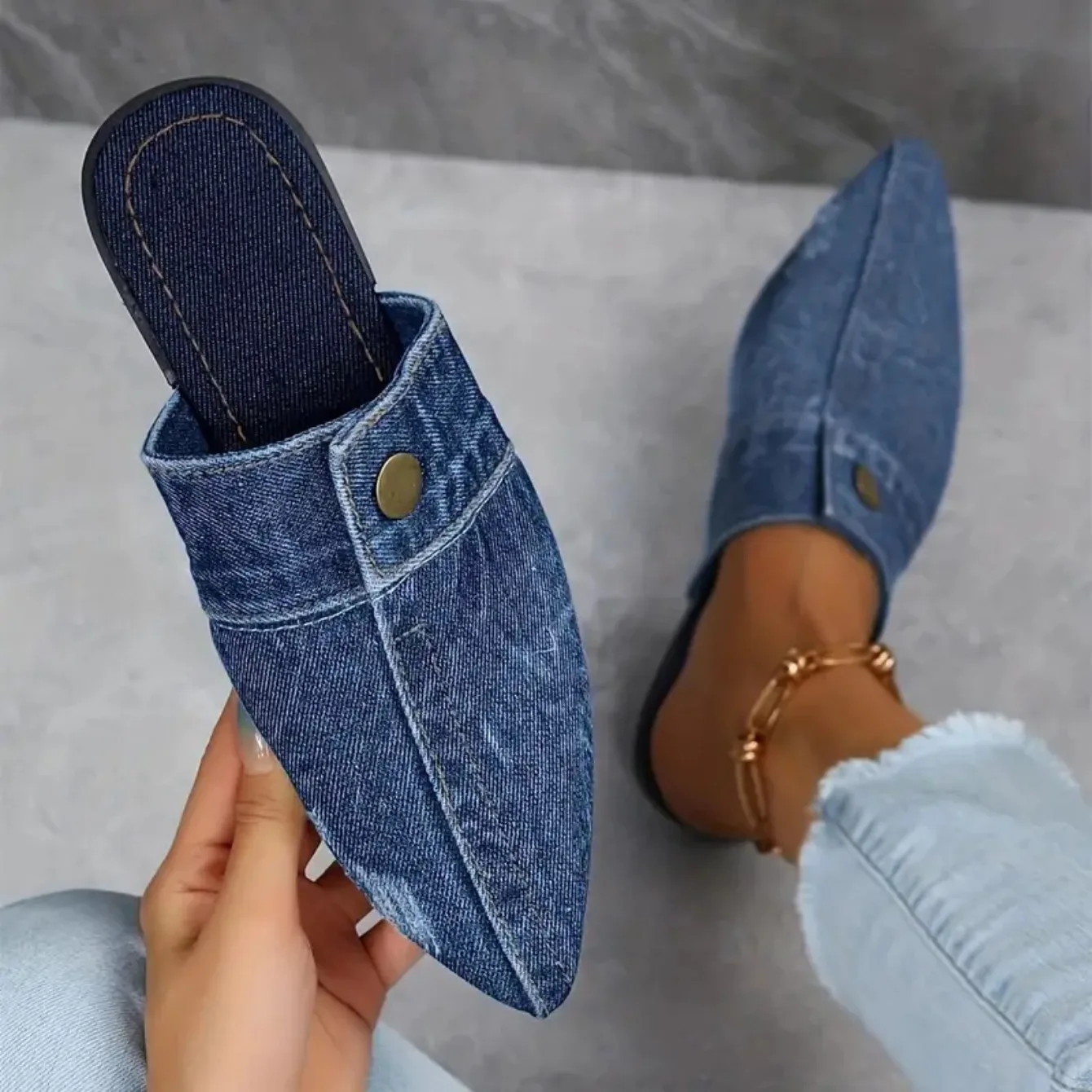 Sandales Chics Boutonnées En Denim