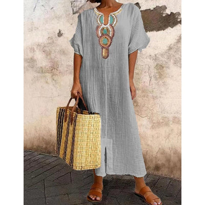 Robe Lisboa Fendue En Lin Brodée