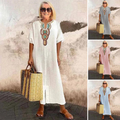 Robe Lisboa Fendue En Lin Brodée