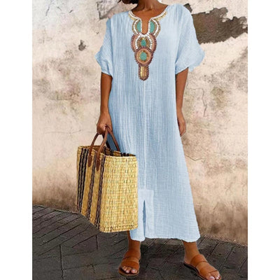 Robe Lisboa Fendue En Lin Brodée