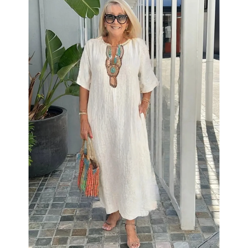 Robe Lisboa Fendue En Lin Brodée