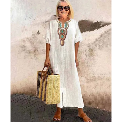 Robe Lisboa Fendue En Lin Brodée